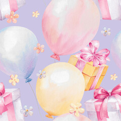 Gift boxes, pastel balloons hand drawn watercolor illustration isolated on lilac. Delicate seamless pattern for holiday, children's birthday party design, fabric, textile, wallpaper, wrapping paper © Eva Kleinman