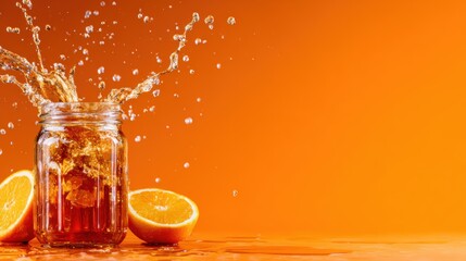An eye-catching image depicting a refreshing drink with a splash effect, accompanied by vibrant oranges, showcasing a feeling of zest and invigorating energy.