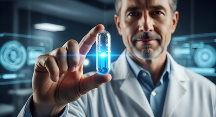 Scientist proudly displaying innovative blue glowing capsule in modern lab, representing cutting-edge medical research and pharmaceutical advancements