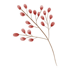 A branch with red berries, painted in watercolor style. Perfect for Christmas cards, winter invitations, packaging, fabric prints, and seasonal decorative designs.