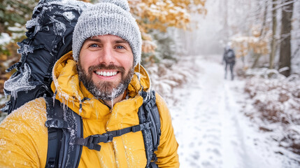 Fototapeta premium Adventurous traveler smiling in snowy forest trail, showcasing winter joy and exploration