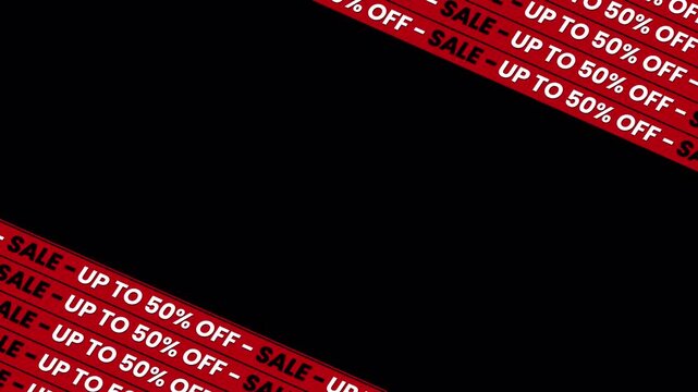 Animated Sale up to 50% off banner with moving red ribbon – seamless loop on transparent background for promo, advertising, and discount videos.