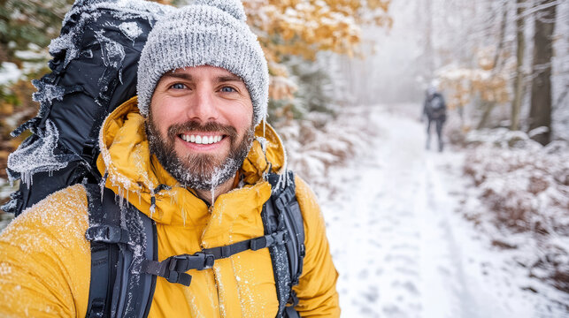Adventurous traveler smiling in snowy forest trail, showcasing winter joy and exploration - Powered by Adobe