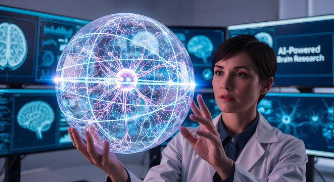 Brilliant scientist exploring brain function with glowing digital sphere in advanced lab setting, pushing the boundaries of modern neuroscience research