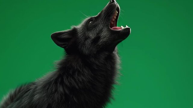 Black wolf howling against a green screen background with its mouth wide open in a low angle shot green screen video