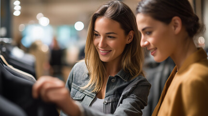 Fototapeta premium Young woman trying on jacket in modern clothing boutique with friend giving opinion faces out of frame background intentionally defocused faceless background defocused fashion