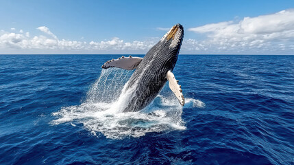 Fototapeta premium Whale breaching dramatically above ocean waves, showcasing its immense size and beauty