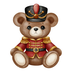 Cute teddy bear in a red soldier uniform and black hat, watercolor style with soft texture and warm tones. Perfect for Christmas cards, children’s illustrations, and festive designs.