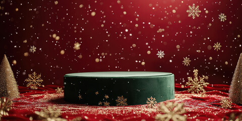 Green velvet podium with golden snowflakes falling on red christmas background with golden bokeh for product presentation 2026, perfect for showcasing gifts and holiday promotions