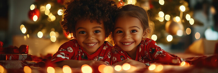 black children in pajamas digging under christmas tree with glowing lights, happy expressions, festive holiday setting