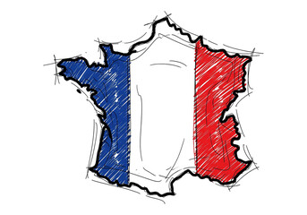 Grunge style hand-drawn map of France in national flag colors, featuring a distressed texture and rough sketch edges, evoking a vintage patriotic effect for European identity