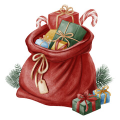 Watercolor illustration of a red sack filled with gifts and holiday decorations in a cute children’s style. Perfect for Christmas cards, posters, packaging, and festive designs.
