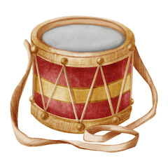 A watercolor toy drum with sticks in a cute vintage style. Perfect for Christmas cards, posters, packaging, and children's book design.
