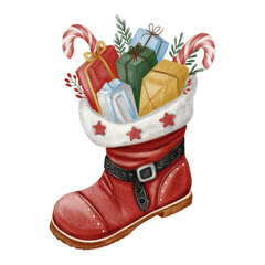 Watercolor illustration of Santa’s red boot filled with gifts, candy, and decorations in a cute children’s style. Perfect for Christmas cards, posters, packaging, and festive designs.