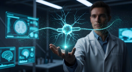 Cutting-edge neuroscience research with dynamic neuron visualization and dedicated scientist, perfect for medical innovation and scientific discovery concepts