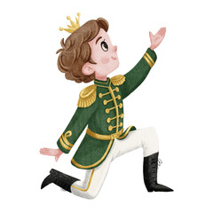 Cute young prince kneeling and reaching up, dressed in a green royal uniform with golden details, watercolor children s book style. Perfect for fairy tales, nursery prints, and story illustrations.