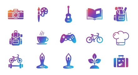 Collection of colorful gradient icons representing diverse hobbies and interests, including photography, art, music, reading, travel, cooking, yoga, and gaming