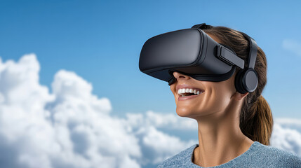 Naklejka premium Person enjoying virtual reality with headset, smiling against backdrop of clouds and blue sky