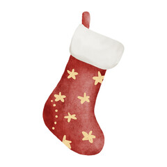 Watercolor illustration of a red Christmas stocking decorated with festive patterns in a cute children’s style. Perfect for holiday cards, posters, packaging, and winter decorations.
