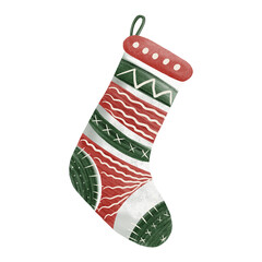 Watercolor illustration of a red Christmas stocking decorated with festive patterns in a cute children’s style. Perfect for holiday cards, posters, packaging, and winter decorations.