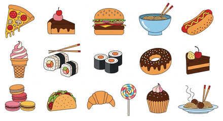 Various cartoon food icons, including pizza, cake, burger, noodles, hotdog, ice cream, sushi, donut, macarons, taco, croissant, lollipop and cupcake