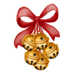 Watercolor illustration of golden jingle bells tied with a red ribbon in a cute festive style. Perfect for Christmas cards, posters, packaging, and holiday decorations.