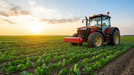 Fototapeta premium Tractor working in lush green field under warm sunset sky, showcasing agricultural productivity