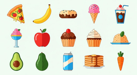 Cartoon food icons, including pizza, banana, donut, ice cream, coffee, apple, cupcake, avocado, soda, pancake and carrot