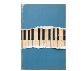 Piece of blue book cover with piano keys pattern, torn old vintage paper, isolated collage element