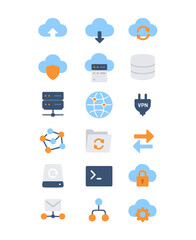 Vector icon set of cloud computing: server, network, connection, plug, synchronization, globe, database, and folder.
