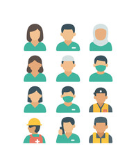 Vector avatar icon set of medical staff in uniform: doctor, nurse, surgeon, specialist, healthcare team in modern flat illustration.
