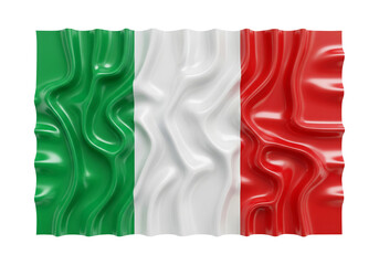 A creative 3D rendering of the Italy flag with an artistic liquid paint splash effect, showing glossy, flowing waves on an isolated background