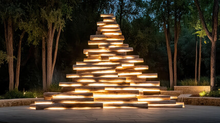 Obraz premium Illuminated wooden structure resembling pyramid, surrounded by trees night, creating serene