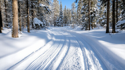 Obraz premium Snowy trail winding through serene forest, inviting exploration and tranquility