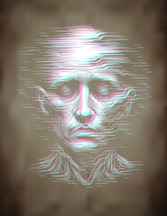 3D Glitched Human Face vector Line Art &ndash; Cyberpunk Digital Distortion Portrait, face dissolving into distortion lines, cyberpunk, digital, abstract, glitch, futuristic, human, portrait, neon, grunge