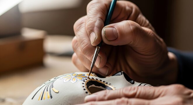 Artisan's hands painting a traditional ceramic skull for Dia de los Muertos