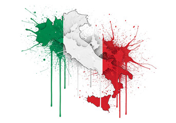 Vibrant Italian flag colors artfully splattered onto a detailed map of Italy, creating an expressive artistic pattern on a clean white background