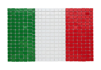 Mosaic style Italian flag made of small colored tiles, creative abstract pattern, white background, representing national identity and culture