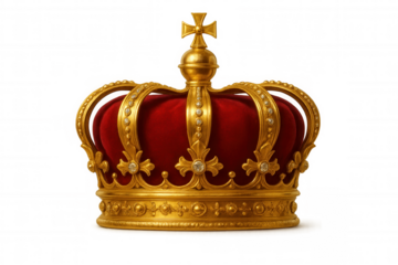 Royal gold crown with red velvet and jeweled details, symbolizing monarchy, power, and triumph on transparent background
