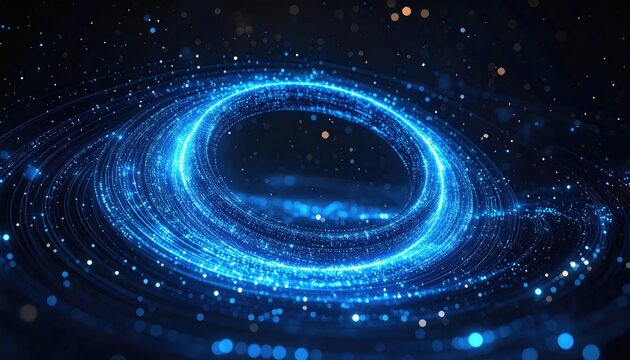 Abstract swirling vortex of electric blue light particles with glowing bokeh highlights against a dark cosmic background representing energy and motion