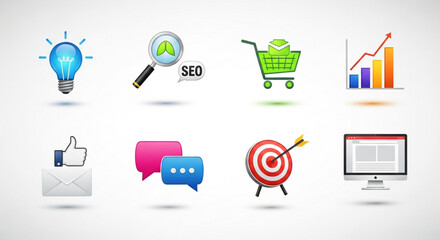 Collection of colorful business and marketing icons, representing various aspects of modern business strategy and growth