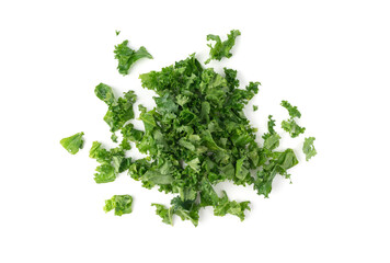 Obraz premium Pieces of kale cabbage leaves isolated. Green leaf of curly cabbage cooked for fresh salad