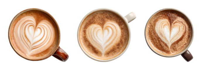 Artful latte art heart designs, a cozy and inviting coffee experience, perfect for cafe promotion, elegant, delicious, warm PNG set with transparent background