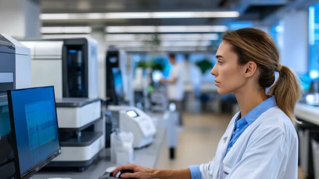 Focused female scientist working at a computer in a modern laboratory, analyzing data for scientific research. Advanced technology and innovation drive laboratory discoveries