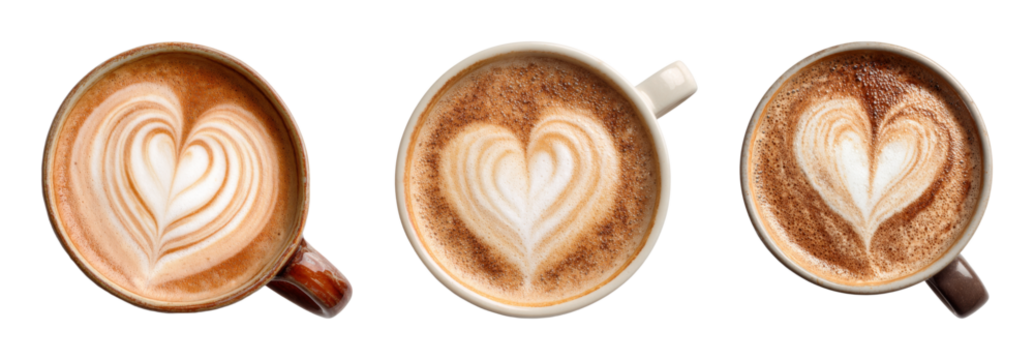 Artful latte art heart designs, a cozy and inviting coffee experience, perfect for cafe promotion, elegant, delicious, warm PNG set with transparent background