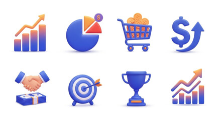 3d render of business and finance icons, including growth chart, pie chart, shopping cart, dollar sign, handshake, target, trophy, and graph