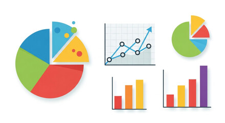 Collection of colorful pie charts and bar graphs, representing data analysis, business statistics, and information visualization for reports