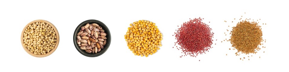 Assorted color legume piles isolated. Different color grains set, different peas