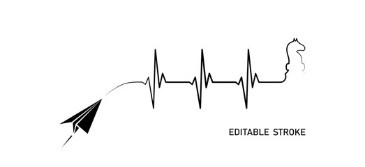 Naklejka premium Editable line heart rhythm illustration with chessboard piece horse, origami paper plane, heartbeat line vector design to use for healthcare, healthy lifestyle, brainstorm concept illustration. 