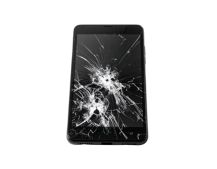 A broken smartphone screen displaying multiple cracks and shatters across the glass surface.